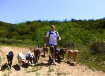 Colin West and the pack hiking down a hill.